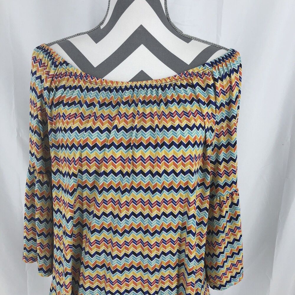 Voll Yellow Blue Orange Red White Chevron Bell 3/4 Sleeve Blouse XL USA